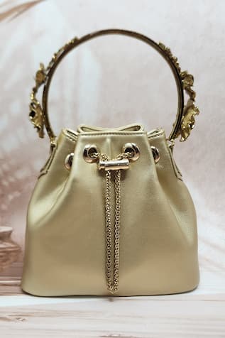 Adwita Bags & Jewels Gold Floral Carved Handle Bucket Bag 