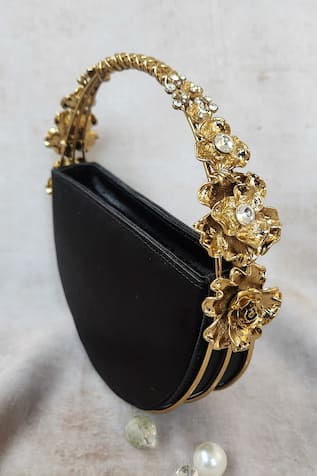 Adwita Bags & Jewels Black Stone Embellished Half Moon Bag 