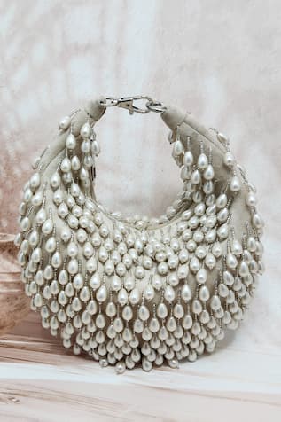 Adwita Bags & Jewels Grey Pearl Tassel Half Moon Handbag 