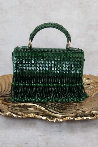 Adwita Bags & Jewels Pearl Embroidered Green Flap Handbag 