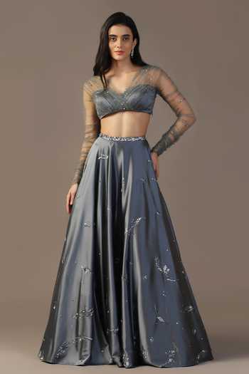 Pooja Peshoria Crystal Embroidered Grey Lehenga Set 
