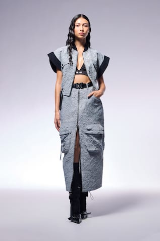 Cilvr Slate Grey Crushed High Waist Cargo Skirt 