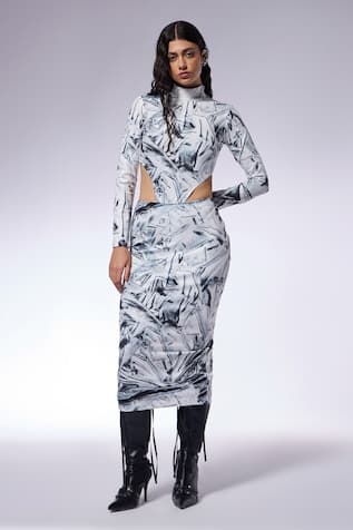Cilvr Crushed Paper Print Bodysuit Top & Skirt Set 