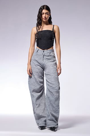 Cilvr Crushed Black Corset Top with Metal Studs 