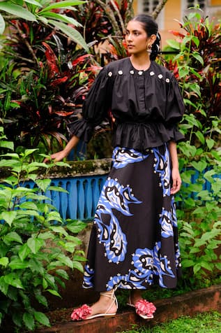 Jodi Black & Blue Abstract Print A-Line Skirt 