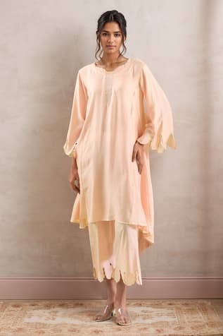 Peach Scallop Embroidered Kurta Set For Kids