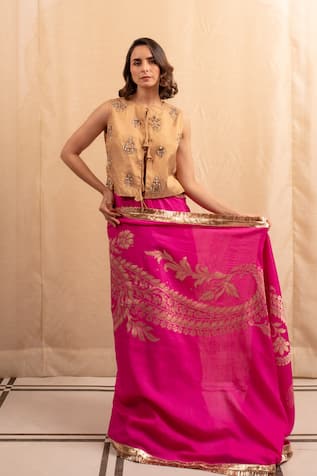 Priyanka Raajiv Gold Zardozi Bead Embroidered Blouse 