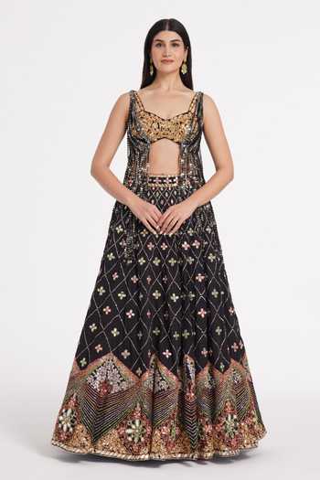 Abhinav Mishra Black Sequin Fringe Embellished Lehenga Set 