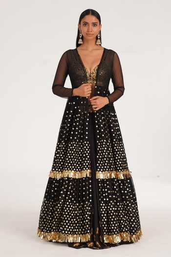 Abhinav Mishra Black Floral Applique Jacket & Tiered Lehenga Set 