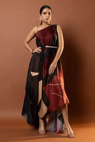 Vedika M Abstract Print Asymmetric Dress With Belt 