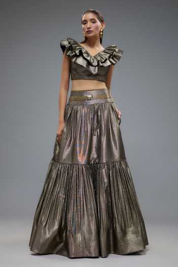 Rocky Star Gold Grey Shimmer Tiered Lehenga Set 