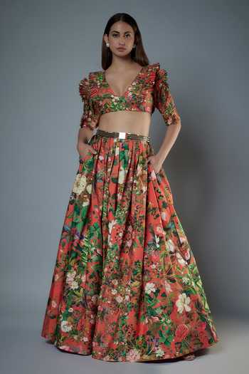 Rocky Star Botanical Print Lehenga With Ruffle Bustier 
