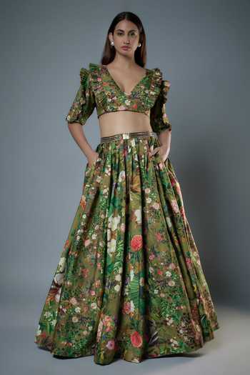 Rocky Star Botanical Print Lehenga & Ruffle Bustier 