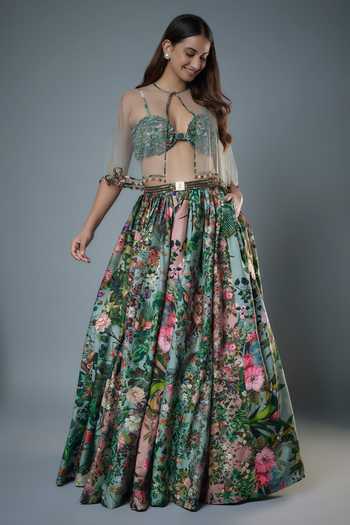 Rocky Star Botanical Print Lehenga Set With Cape 