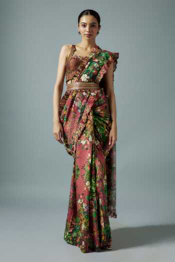 Rocky Star Maroon Gardenia Bloom Ruffle Saree Set 