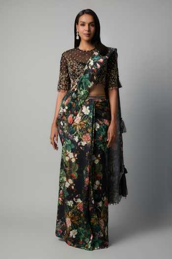Rocky Star Midnight Garden Print Ruffle Saree Set 