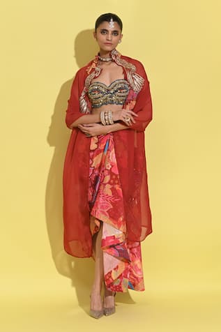 Rishi and Vibhuti Ruby Red Embellished Cape & Skirt Set 