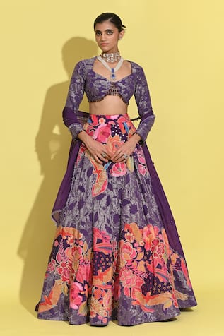 Rishi and Vibhuti Bloom Print & Embroidered Lehenga Set 