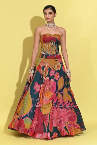 Rishi and Vibhuti Gezzy Bloom Print & Embellished Lehenga With Corset Blouse 