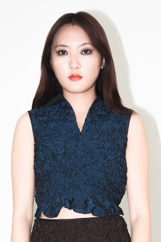 Leh Studios Navy Blue Crumple Textured Crop Top 