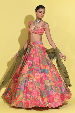 Rishi and Vibhuti Rosette Garden Print Boho Lehenga Set 