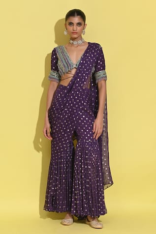 Rishi and Vibhuti Polka Dot Pattern Pre-Draped Sharara Pant Saree With Blouse 