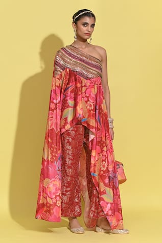 Rishi and Vibhuti Ruby Rosette Garden Print Cape With Pant 