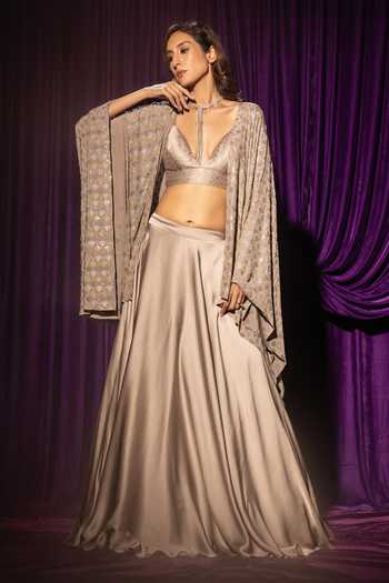 Chhaya Mehrotra Silver Grey Rhinestone Cape Lehenga Set 