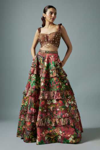 Rocky Star Maroon Bloom Print Frilly Lehenga Set 