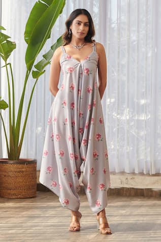 Pasha India x AZA Floral Print Draped Palazzo Jumpsuit 