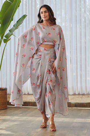 Pasha India x AZA Floral Print Cape Top & Draped Skirt 