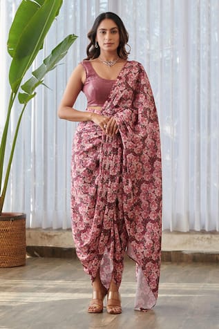 Pasha India x AZA Floral Print Pre-Draped Dhoti Saree With Blouse 