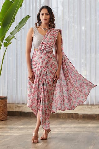 Pasha India x AZA Floral Print Pre-Draped Dhoti Saree & Blouse 