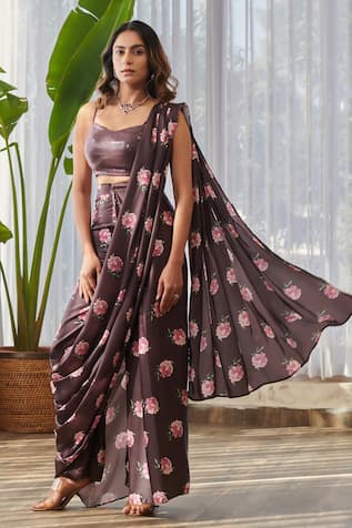 Pasha India x AZA Raisin Floral Print Pre-Draped Pant Saree With Blouse 