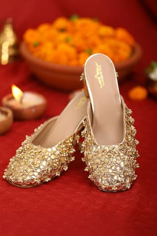 Gold Gota Embellished Mule Heels 