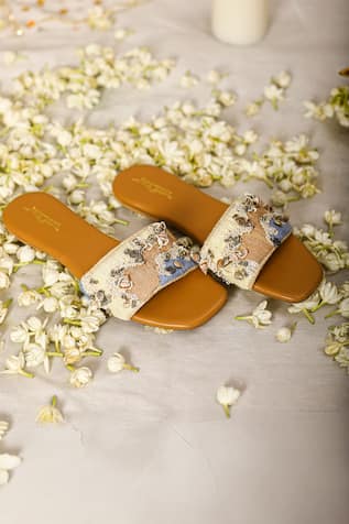Pearl Embellished Beige Sliders 