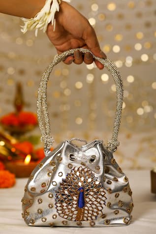 Silver Peacock Mirrorwork Potli Bag 