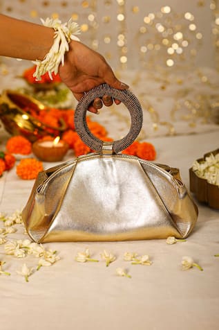 Gold Brocade Beaded Handle Bag 