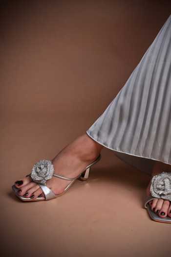 Elviraa By Pranali A Oswal Silver Rhinestone Bloom Sculptural Heels 