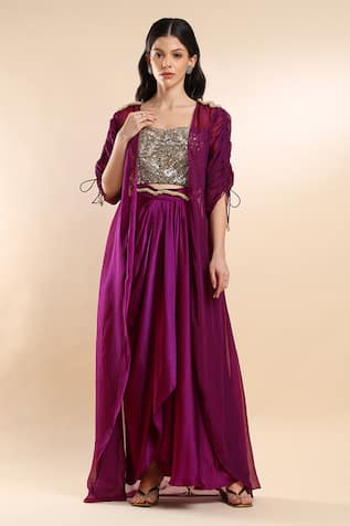Ruched Sleeves Sequin Cape & Draped Skirt Set 