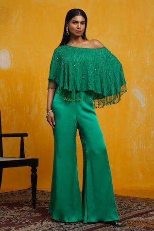 Day And Mood Embroidered One-Shoulder Top & Pant Set 