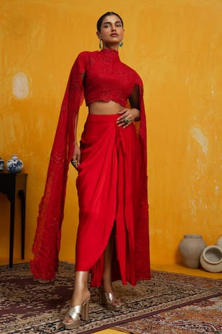 DAY AND MOOD Cutdana Embroidered Top & Draped Skirt Set 