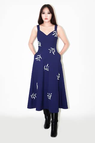 Leh Studios Navy Blue Bead Embroidered Midi Dress 