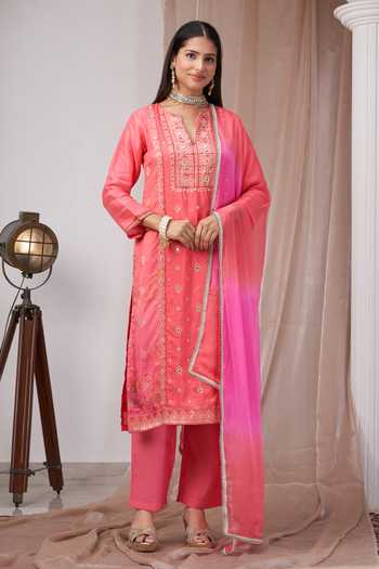 Amani Coral Pink Embroidered Kurta Pant Set 