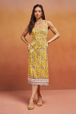 SHIKHA MALIK Floral Handblock Print Midi Dress 