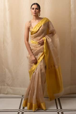 Priyanka Raajiv Beige Striped Chanderi Saree With Blouse 