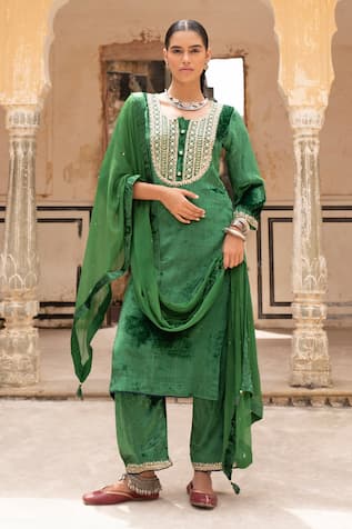 KARAJ JAIPUR Velvet Sequin Embroidered Bodice Kurta Pant Set 