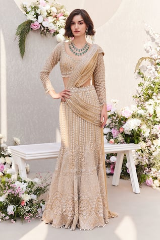 SAISHA Gold Zardozi Pearl Embroidered Lehenga Saree 