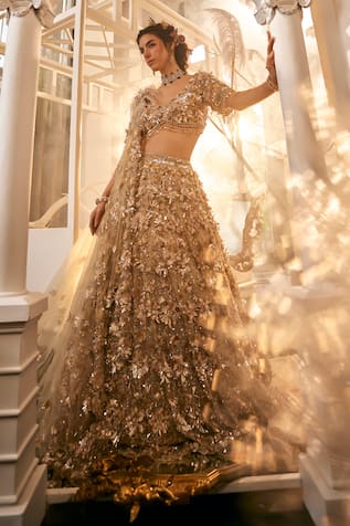 Swish By Dolcy And Simran Gold 3D Sequin Embroidered Bridal Lehenga Set 