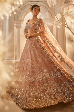 Swish By Dolcy And Simran Rose Gold Nakshi Embroidered Lehenga Set 